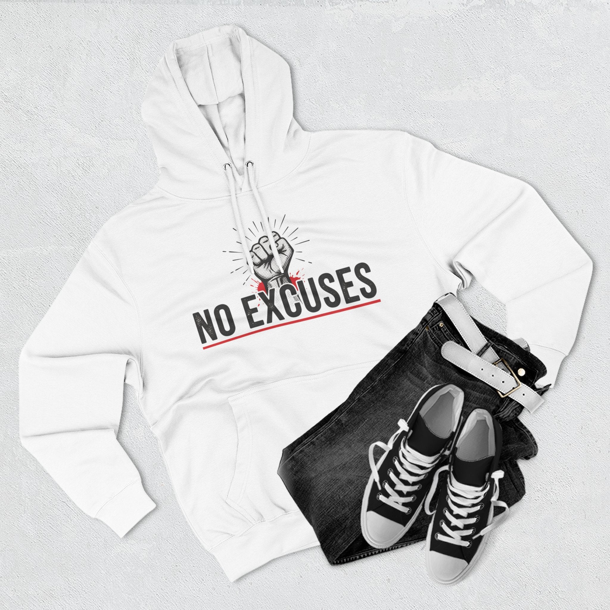 No Excuses Hoodie — Motivational Fist Graphic Pullover