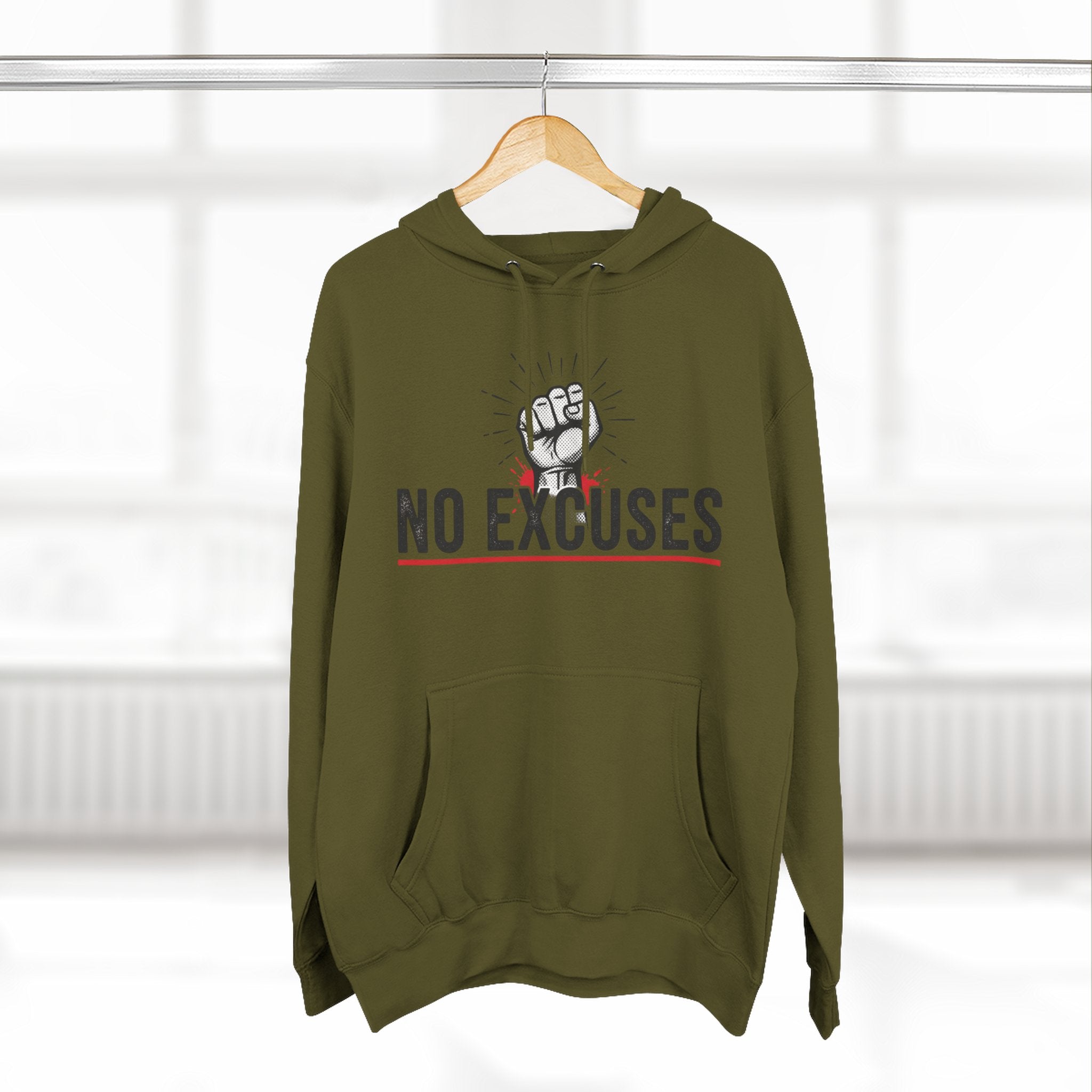 No Excuses Hoodie — Motivational Fist Graphic Pullover