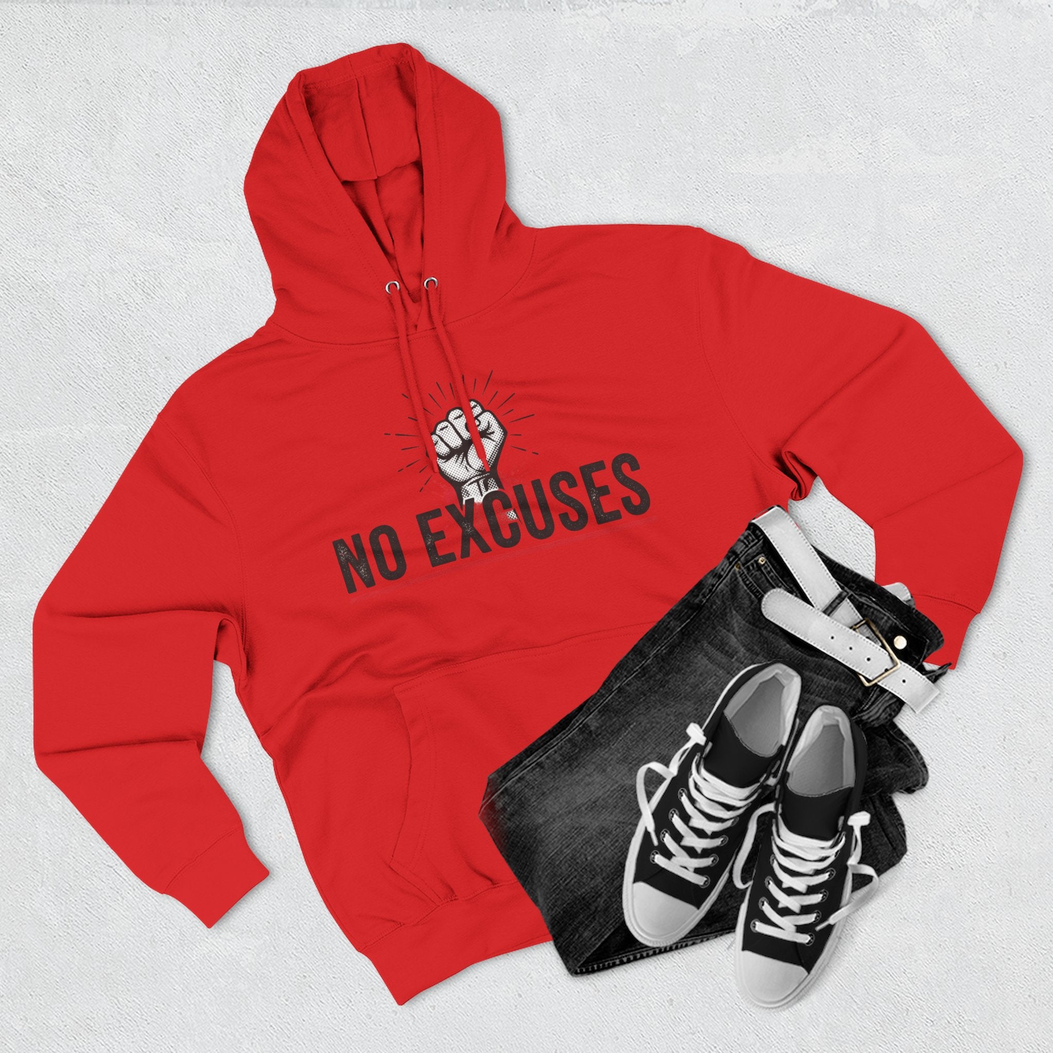 No Excuses Hoodie — Motivational Fist Graphic Pullover