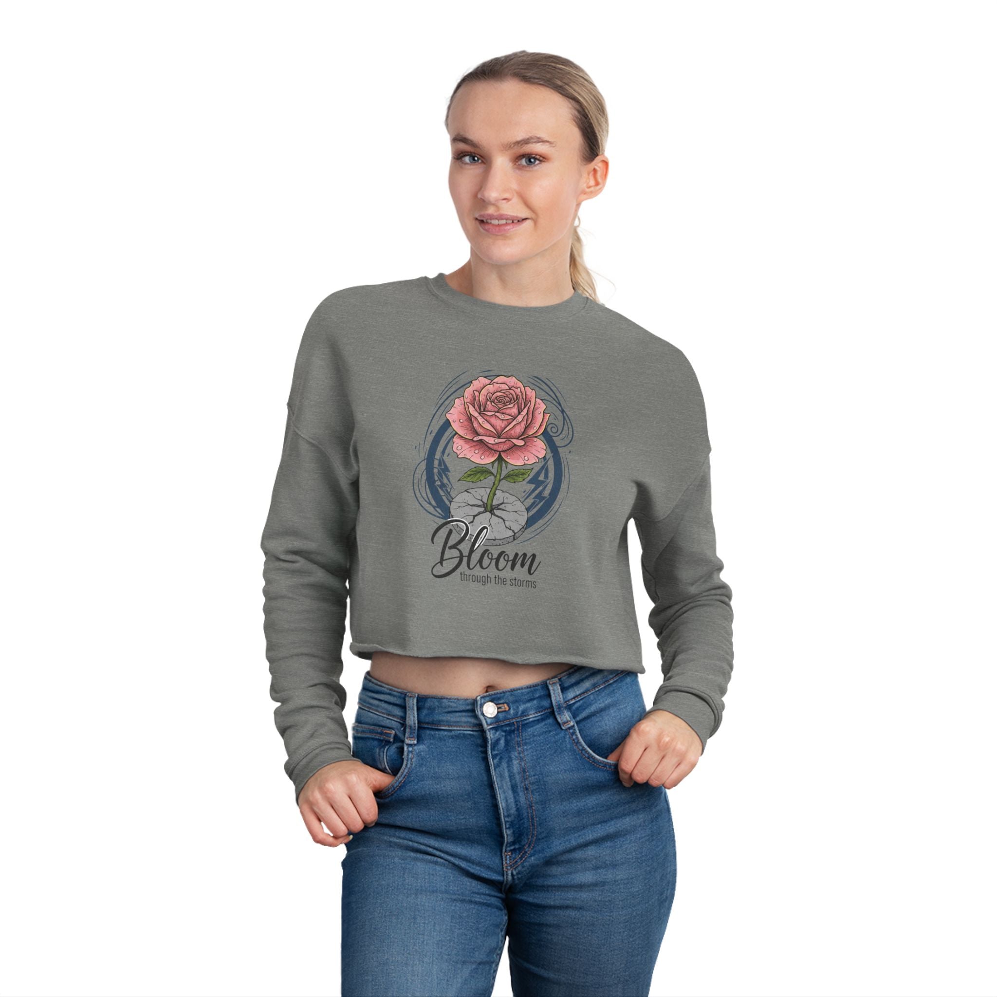 Bloom Rose Cropped Sweatshirt — Women's Floral 'Bloom' Motivational Crop Top