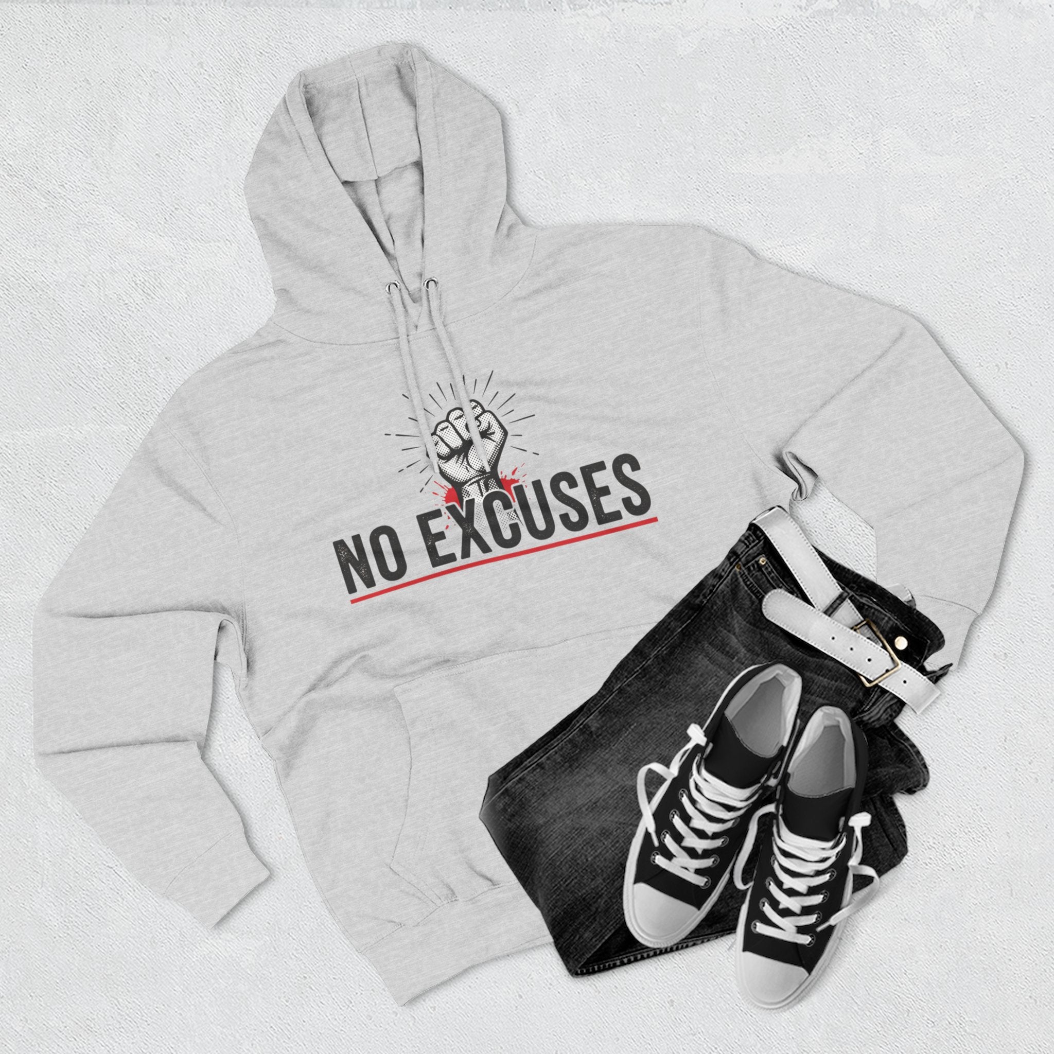 No Excuses Hoodie — Motivational Fist Graphic Pullover