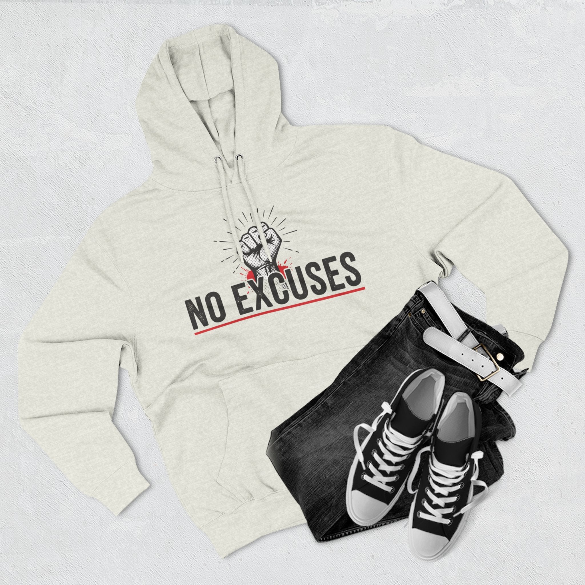 No Excuses Hoodie — Motivational Fist Graphic Pullover