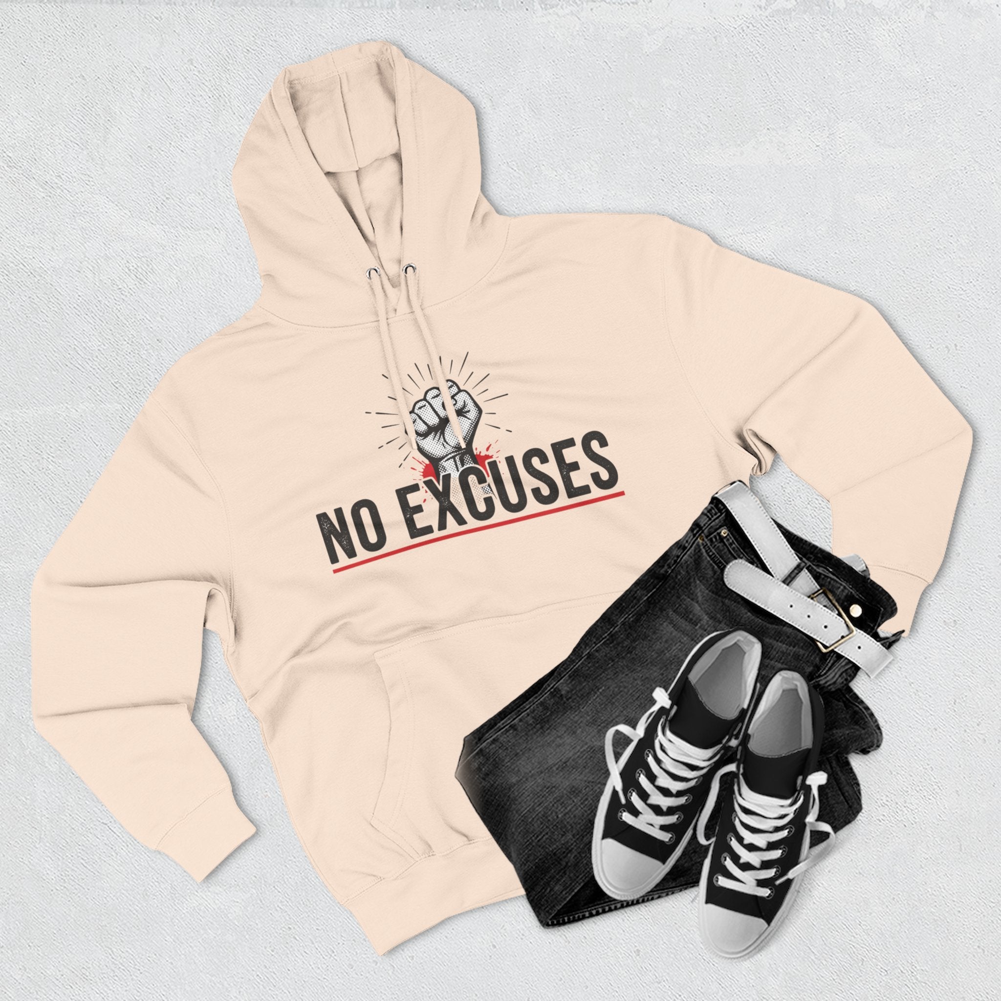 No Excuses Hoodie — Motivational Fist Graphic Pullover
