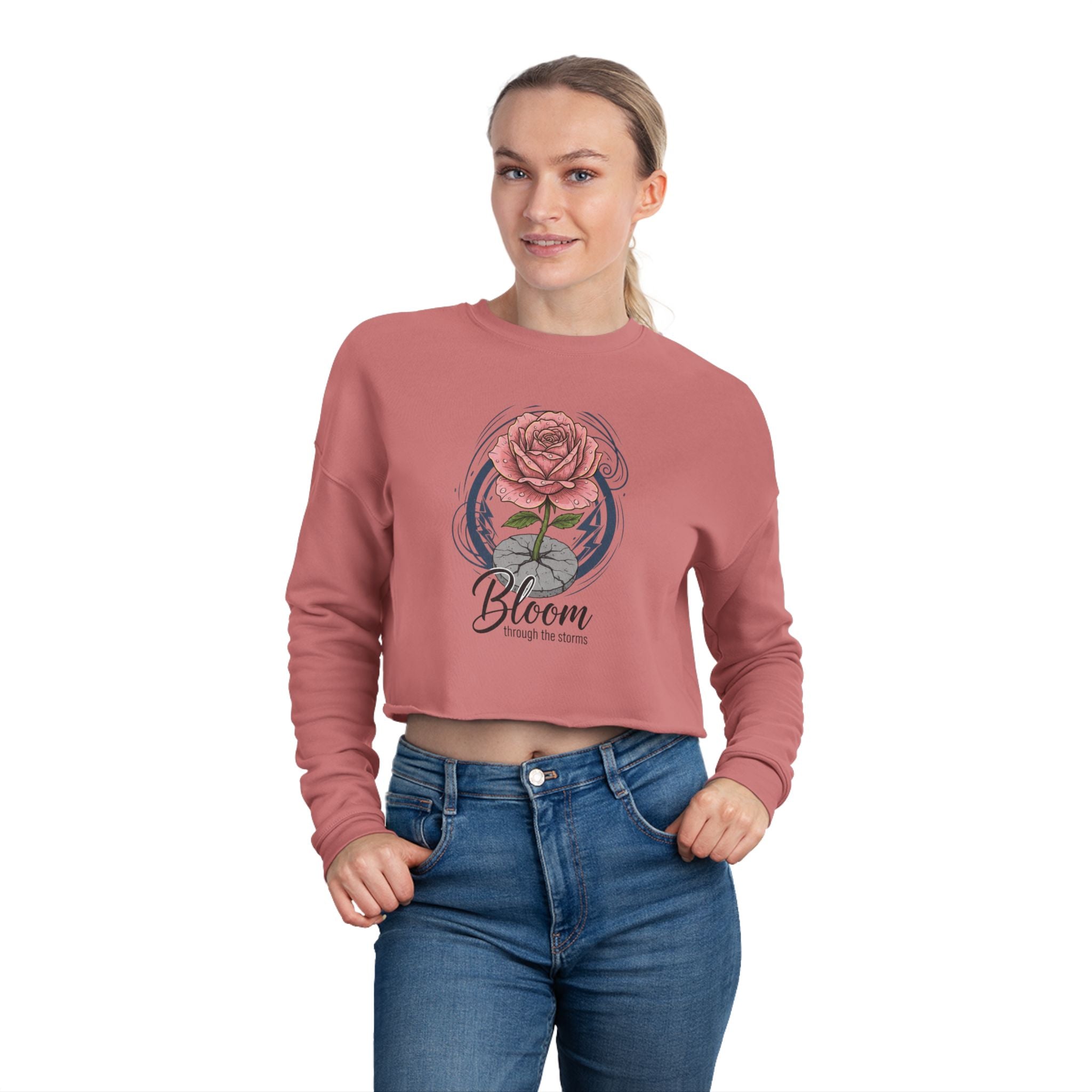 Bloom Rose Cropped Sweatshirt — Women's Floral 'Bloom' Motivational Crop Top