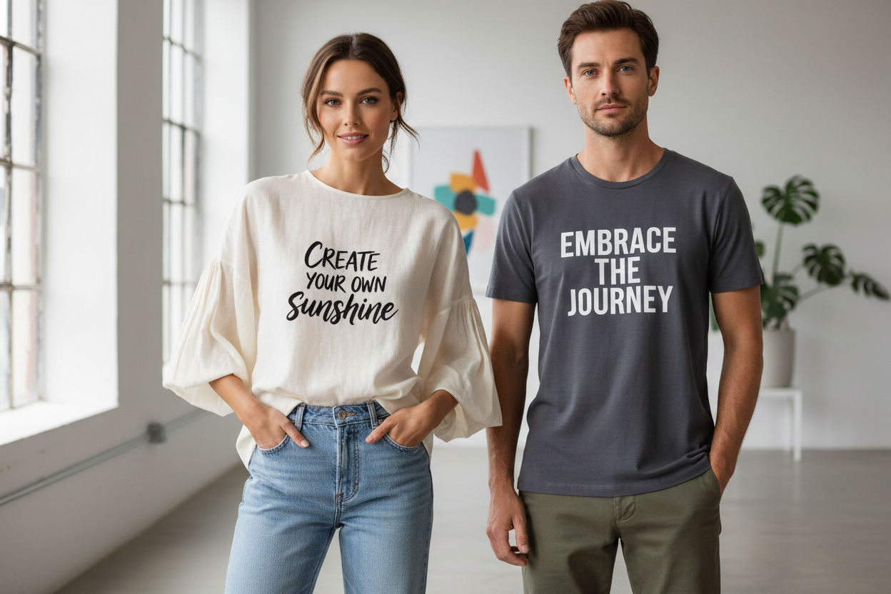 an imagine with a woman and a man with blouse and mayeou with quotes on them